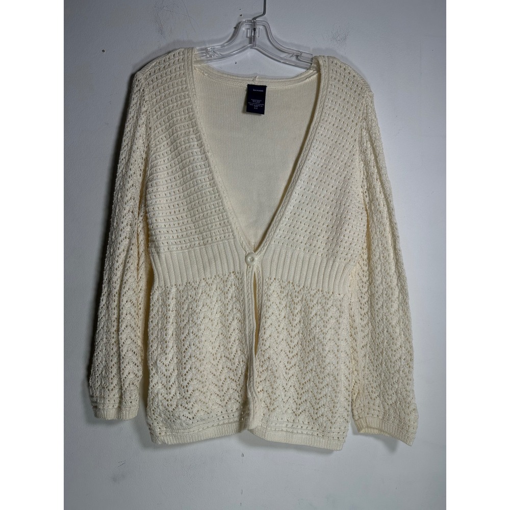Basic Editions Women Cream Pointelle Knit Empire Waist Single Button Cardigan S